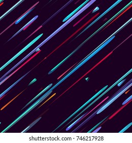 Moving Fast Neon Light Particles, Shooting Stars, Meteorites on Space Background. Speed Lines, Stripes Seamless Pattern Design. Seamless Holiday, Cover, Ad, Fashion, Fabric Pattern