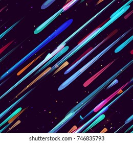 Moving Fast Neon Light Particles, Shooting Stars, Meteorites on Space Background. Speed Lines, Stripes Seamless Pattern Design. Seamless Holiday, Cover, Ad, Fashion, Fabric Pattern