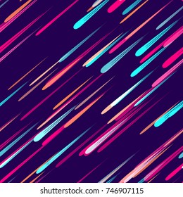Moving Fast Neon Light Particles, Shooting Stars, Meteorites on Space Background. Speed Lines, Stripes Seamless Pattern Design. Seamless Holiday, Cover, Ad, Fashion, Fabric Pattern