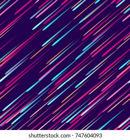 Moving Fast Neon Light Particles, Shooting Stars, Meteorites on Space Background. Speed Lines, Stripes Seamless Pattern Design. Seamless Holiday, Cover, Ad, Fashion, Fabric Pattern