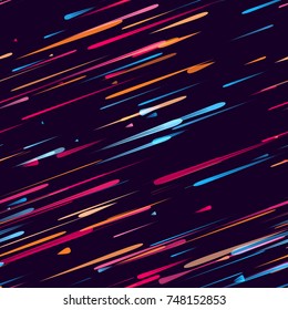 Moving Fast Neon Light Particles, Shooting Stars, Meteorites on Space Background. Speed Lines, Stripes Seamless Pattern Design. Seamless Holiday, Cover, Ad, Fashion, Fabric Pattern