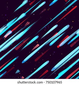 Moving Fast Neon Light Particles, Shooting Stars, Meteorites on Space Background. Speed Lines, Stripes Seamless Pattern Design. Seamless Holiday, Cover, Ad, Fashion, Fabric Pattern
