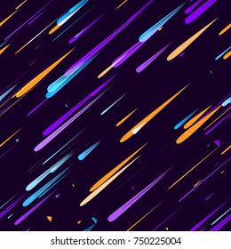 Moving Fast Neon Light Particles, Shooting Stars, Meteorites on Space Background. Speed Lines, Stripes Seamless Pattern Design. Seamless Holiday, Cover, Ad, Fashion, Fabric Pattern