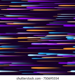 Moving Fast Neon Light Particles, Shooting Stars, Meteorites on Space Background. Speed Lines, Stripes Seamless Pattern Design. Seamless Holiday, Cover, Ad, Fashion, Fabric Pattern