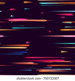 Moving Fast Neon Light Particles, Shooting Stars, Meteorites on Space Background. Speed Lines, Stripes Seamless Pattern Design. Seamless Holiday, Cover, Ad, Fashion, Fabric Pattern