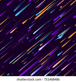 Moving Fast Neon Light Particles, Shooting Stars, Meteorites on Space Background. Speed Lines, Stripes Seamless Pattern Design. Seamless Holiday, Cover, Ad, Fashion, Fabric Pattern