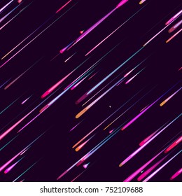 Moving Fast Neon Light Particles, Shooting Stars, Meteorites on Space Background. Speed Lines, Stripes Seamless Pattern Design. Seamless Cover, Ad, Fashion, Fabric Pattern
