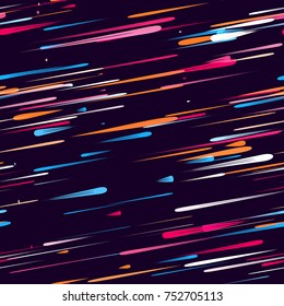 Moving Fast Neon Light Particles, Shooting Stars, Meteorites on Space Background. Speed Lines, Stripes Seamless Pattern Design. Seamless Holiday, Cover, Ad, Fashion, Fabric Pattern