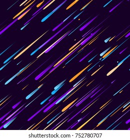 Moving Fast Neon Light Particles, Shooting Stars, Meteorites On Space Background. Speed Lines, Stripes Seamless Pattern Design. Seamless Holiday, Cover, Ad, Fashion, Fabric Pattern