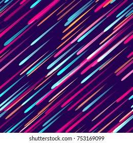 Moving Fast Neon Light Particles, Shooting Stars, Meteorites on Space Background. Speed Lines, Stripes Seamless Pattern Design. Seamless Holiday, Cover, Ad, Fashion, Fabric Pattern