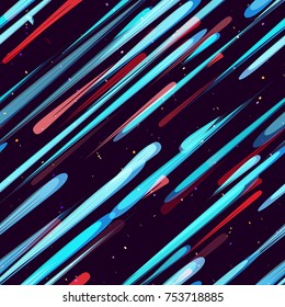 Moving Fast Neon Light Particles, Shooting Stars, Meteorites on Space Background. Speed Lines, Stripes Seamless Pattern Design. Seamless Holiday, Cover, Ad, Fashion, Fabric Pattern