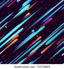 Moving Fast Neon Light Particles, Shooting Stars, Meteorites on Space Background. Speed Lines, Stripes Seamless Pattern Design. Seamless Holiday, Cover, Ad, Fashion, Fabric Pattern