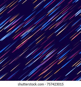 Moving Fast Neon Light Particles, Shooting Stars, Meteorites on Space Background. Speed Lines, Stripes Seamless Pattern Design. Seamless Holiday, Ad, Fashion, Fabric Pattern