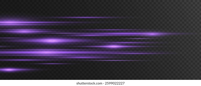Moving fast purple laser beams on black background. Abstract light effect. Lens flare. Glowing horizontal colorful rays. Vector illustration. EPS 10