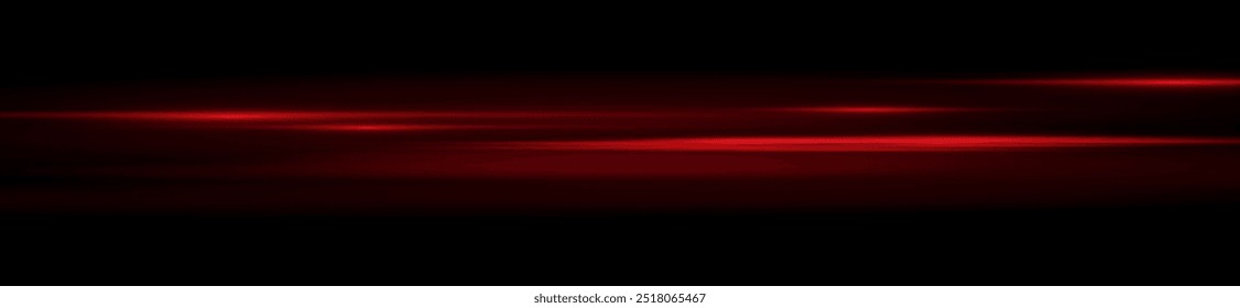 Moving fast red laser light beams isolated on black background. Abstract light effect. Green lens flare. Horizontal rays glowing in the dark. Vector