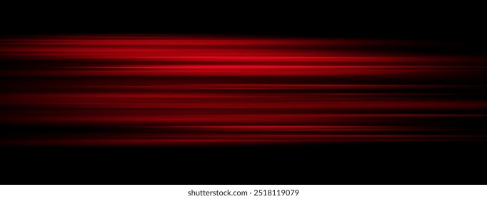 Feixes de luz laser vermelho em movimento isolado no fundo preto. Efeito de luz abstrata. Exacerbação da lente verde. Raios horizontais brilhando no escuro. Vetor