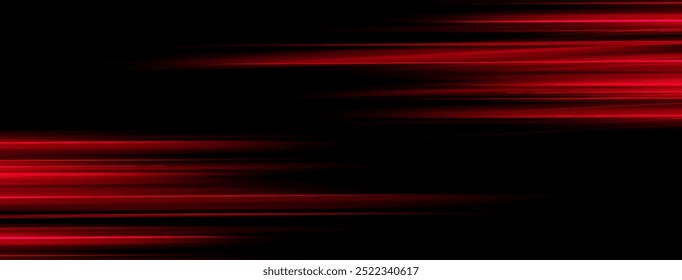 Feixes de luz laser vermelho em movimento isolado no fundo preto. Efeito de luz abstrata. Exacerbação da lente verde. Raios horizontais brilhando no escuro. Vetor