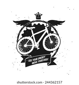 moving faster mountain bike, emblem label with silhouetted wings, chain and a crown, decorative element vector art illustration. 