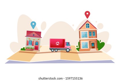 Moving flat vector illustration. Family relocating. Red pickup drive on a map. Moving service concept isolated on white