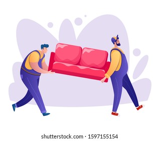 Moving flat vector illustration. Family relocating. Delivery men with sofa, cartoon characters. Moving service concept isolated on white