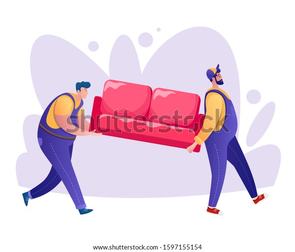Moving flat vector illustration. Family relocating.\
Delivery men with sofa, cartoon characters. Moving service concept\
isolated on white