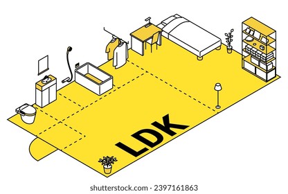 Moving floor plan image, 1LDK, isometric illustration with simple line drawings, Vector Illustration