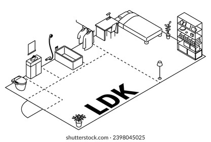 Moving floor plan image, 1LDK, isometric illustration with simple line drawings, Vector Illustration