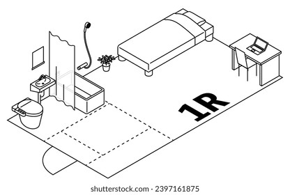 Moving floor plan image, 1ROOM, isometric illustration with simple line drawings, Vector Illustration