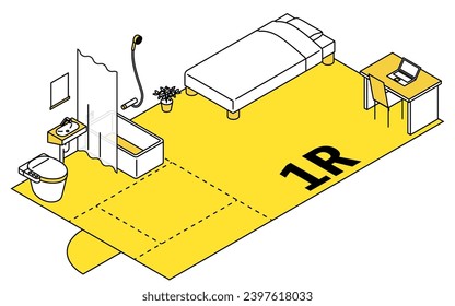 Moving floor plan image, 1ROOM, isometric illustration with simple line drawings, Vector Illustration