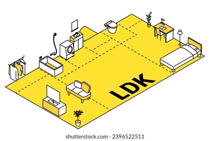 Moving floor plan image, 2LDK, isometric illustration with simple line drawings, Vector Illustration