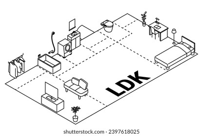 Moving floor plan image, 2LDK, isometric illustration with simple line drawings, Vector Illustration