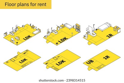 Moving floor plan image, 2LDK, isometric illustration with simple line drawings, Vector Illustration