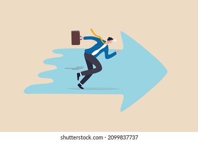 Moving Forward To Achieve Success, Ambition Or Motivation To Reach Business Target, Career Development Or Work Effort Concept, Confidence Ambitious Businessman Running Forward On Arrow Symbol.