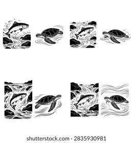 Moving Forward and Adaptability vector illustration contrasting a determined salmon swimming against a strong current with a sea turtle moving smoothly with the flow. A conceptual design representing perseverance, adaptability, resilience, flexibility, change management and different strategies for progress.
