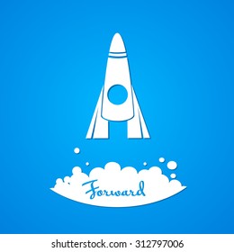 Moving Forward, The Flat Abstract Rocket With The Inscription, Conceptual Illustration, Vector Logo