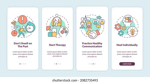 Moving forward onboarding mobile app page screen. Therapy and healthy communication walkthrough 4 steps graphic instructions with concepts. UI, UX, GUI vector template with linear color illustrations