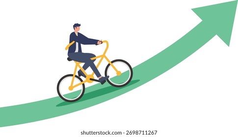 Avançando para o sucesso com ambição, motivação, desenvolvimento de carreira ou esforço de trabalho para alcançar metas de negócios, conceito de Um empresário confiante e ambicioso correndo para a frente em um símbolo de seta.

