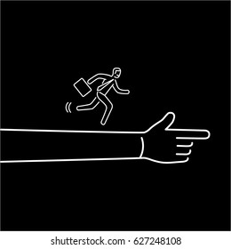 Moving forward. Vector illustration of businessman running to goal on showing hand | modern flat design linear concept icon and infographic white on black background