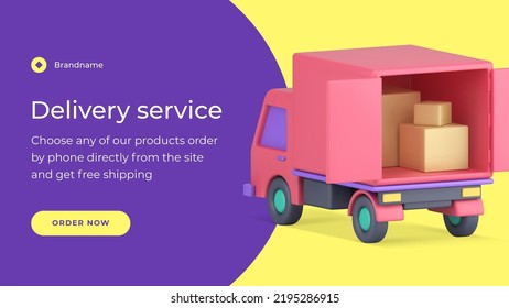 Moving freight delivery service commercial web banner open van truck with cardboard boxes realistic 3d icon vector illustration. Cargo shipment courier transportation logistic automobile distribution