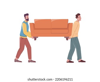 Moving furniture or making rearrangements at home. Isolated people transporting couch. Male characters carrying piece of sofa. Vector in flat cartoon style