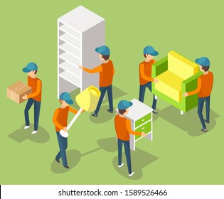 Moving furniture teamwork, men holding armchair, cupboard and lamp, bedside table, Workers relocating indoor, improvement apartment, installing vector
