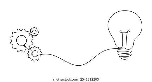 Engranaje móvil unido a una bombilla en un dibujo continuo de una línea. Concepto centrado en las ideas. Ilustración minimalista dibujada a mano.