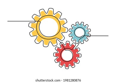 Moving gears wheels in One continuous line drawing  Cogs in simple lineart style  Editable stroke  Concept business teamwork for logo  emblem  web banner  Colorful doodle vector illustration