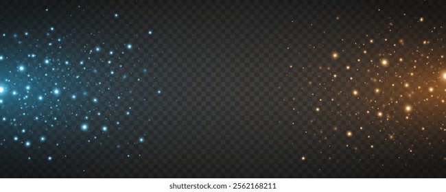 Moving glowing blue and orange particles isolated on dark transparent background. Bright blurred lights. Abstract light effect. Glares and flares. Vector illustration. EPS 10