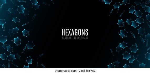 Hexágonos moleculares em movimento para apresentação de pesquisa científica. Abstrato voando formas hexagonais azuis conectadas por pontos para fundo médico ou design biotecnológico. Ilustração vetorial.