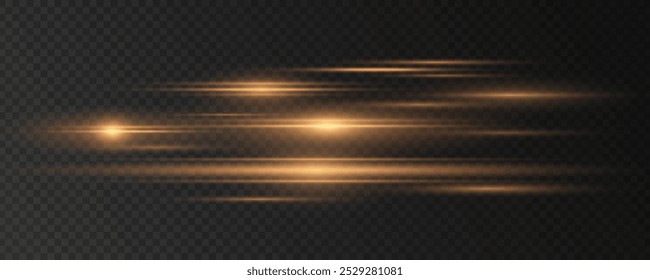 Moving golden laser beams isolated on dark transparent background. Abstract light effect. Lens flare. Horizontal rays glowing in the dark. Vector illustration. EPS 10.