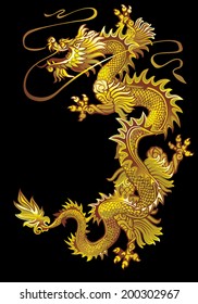 Moving up the golden oriental dragon on a black background