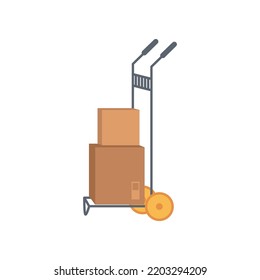 Moving goods and carton packages on box trolley. Isolated products and things in containers, relocation and transportation or delivery. Vector in flat cartoon style