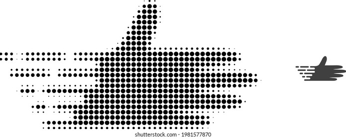 Moving hand halftone dotted icon illustration. Halftone pattern contains round points. Vector illustration of moving hand icon on a white background. Flat abstraction for moving hand symbol.