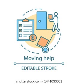 Moving help concept icon. Home service idea thin line illustration. Packing and unpacking boxes. Loading items, furniture into truck. Heavy lifting. Vector isolated outline drawing. Editable stroke